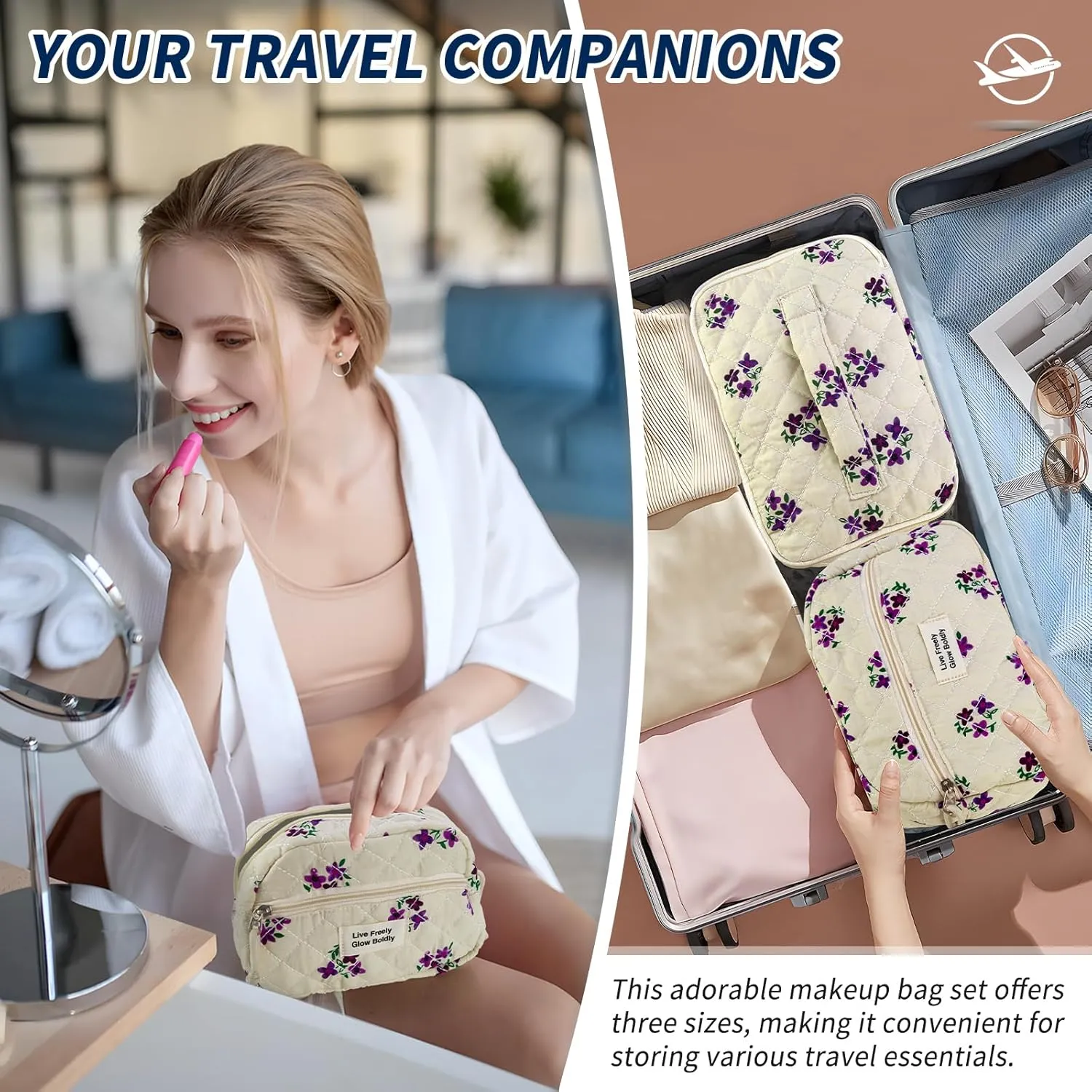 3Pcs Large Travel Quilted Makeup Bag, Double Layer Cute Floral Cotton Toiletry Bag, Aesthetic Flower Cosmetic Bag Coquette Skincare Organizer Bag for Women (Purple Flower)