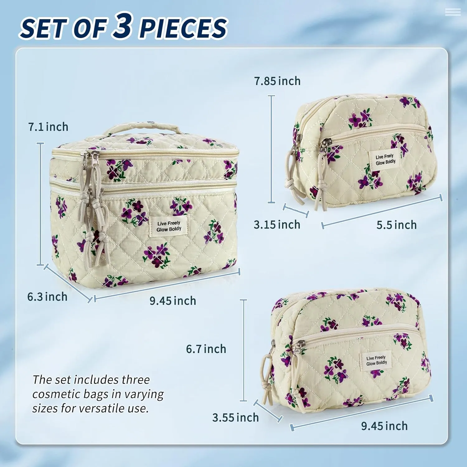 3Pcs Large Travel Quilted Makeup Bag, Double Layer Cute Floral Cotton Toiletry Bag, Aesthetic Flower Cosmetic Bag Coquette Skincare Organizer Bag for Women (Purple Flower)