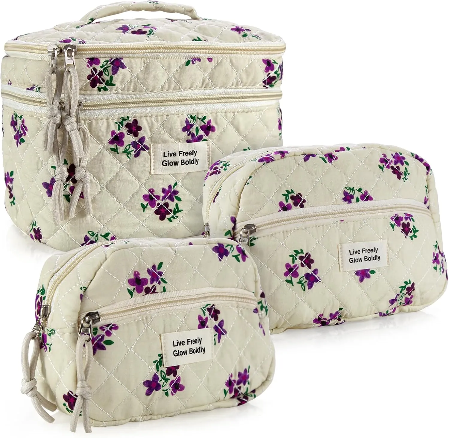 3Pcs Large Travel Quilted Makeup Bag, Double Layer Cute Floral Cotton Toiletry Bag, Aesthetic Flower Cosmetic Bag Coquette Skincare Organizer Bag for Women (Purple Flower)