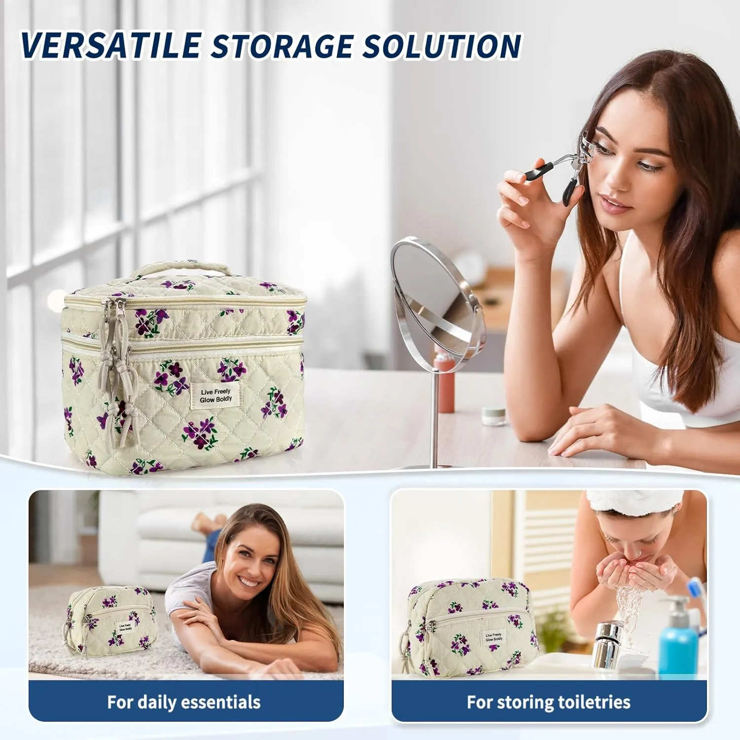 3Pcs Large Travel Quilted Makeup Bag, Double Layer Cute Floral Cotton Toiletry Bag, Aesthetic Flower Cosmetic Bag Coquette Skincare Organizer Bag for Women (Purple Flower)
