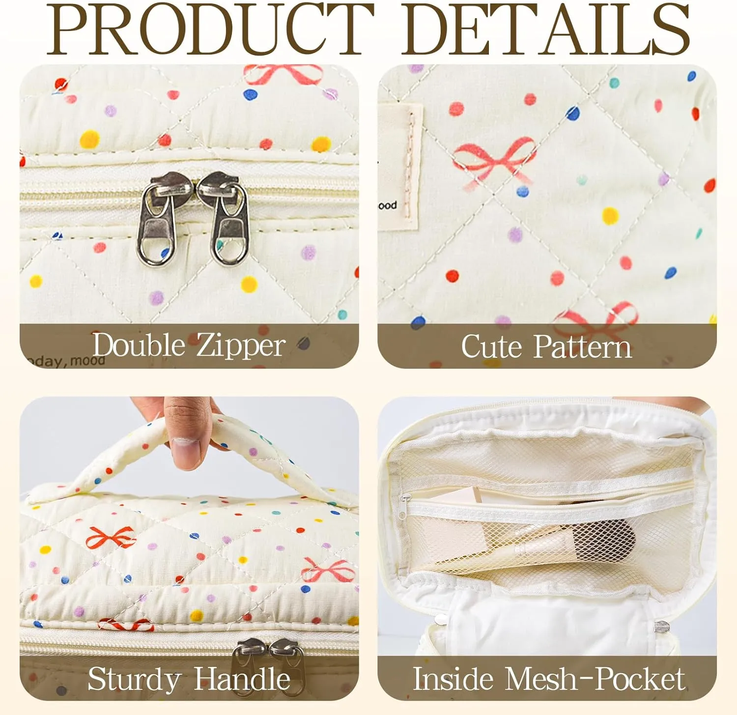 3Pcs Quilted Makeup Bag, Cute Floral Cotton Cosmetic Bag set, Coquette Bow Makeup Pouch Large Travel Toiletry Bag