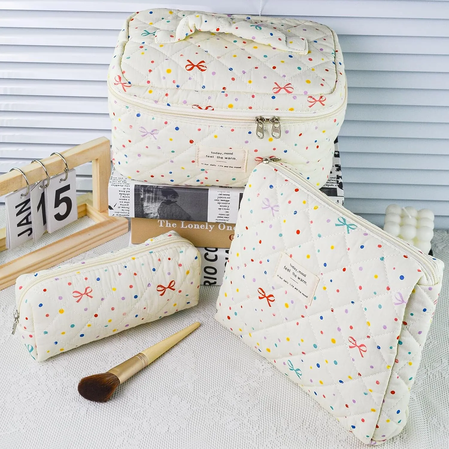3Pcs Quilted Makeup Bag, Cute Floral Cotton Cosmetic Bag set, Coquette Bow Makeup Pouch Large Travel Toiletry Bag