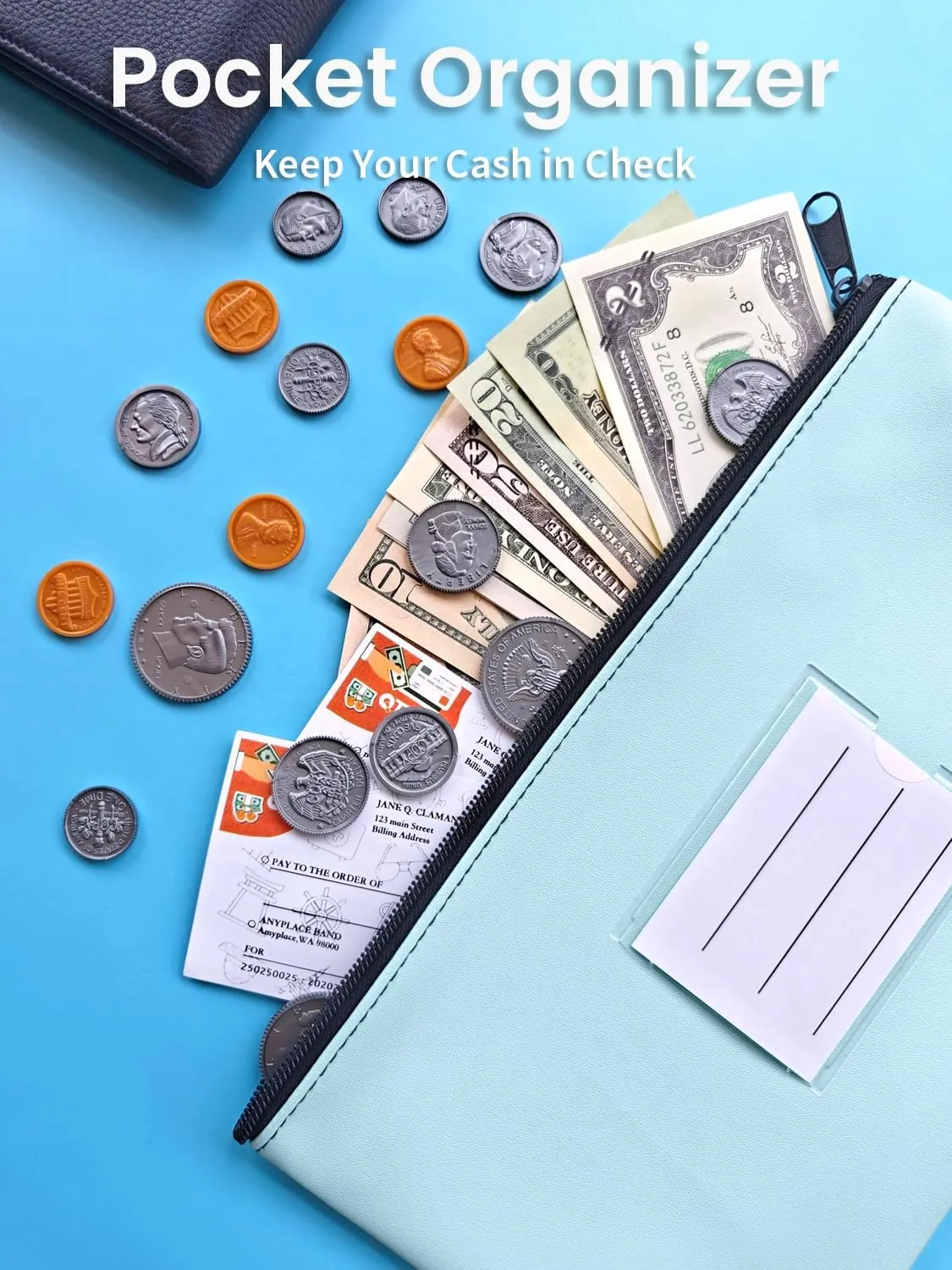 4-Pack Bank Deposit Money Bags with Zipper, 11 x 6 Inches, PU Leather Cash Pouches with Label, for Coins, Cosmetics, Bills, Tools, Pink & Purple & Blue & Green