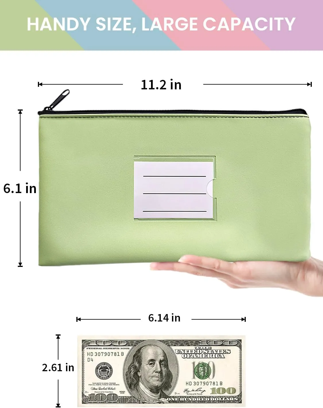 4-Pack Bank Deposit Money Bags with Zipper, 11 x 6 Inches, PU Leather Cash Pouches with Label, for Coins, Cosmetics, Bills, Tools, Pink & Purple & Blue & Green