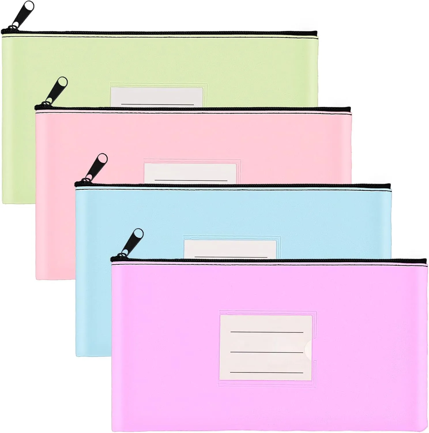4-Pack Bank Deposit Money Bags with Zipper, 11 x 6 Inches, PU Leather Cash Pouches with Label, for Coins, Cosmetics, Bills, Tools, Pink & Purple & Blue & Green