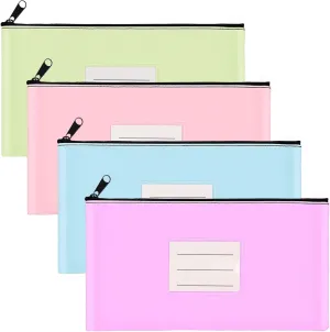 4-Pack Bank Deposit Money Bags with Zipper, 11 x 6 Inches, PU Leather Cash Pouches with Label, for Coins, Cosmetics, Bills, Tools, Pink & Purple & Blue & Green