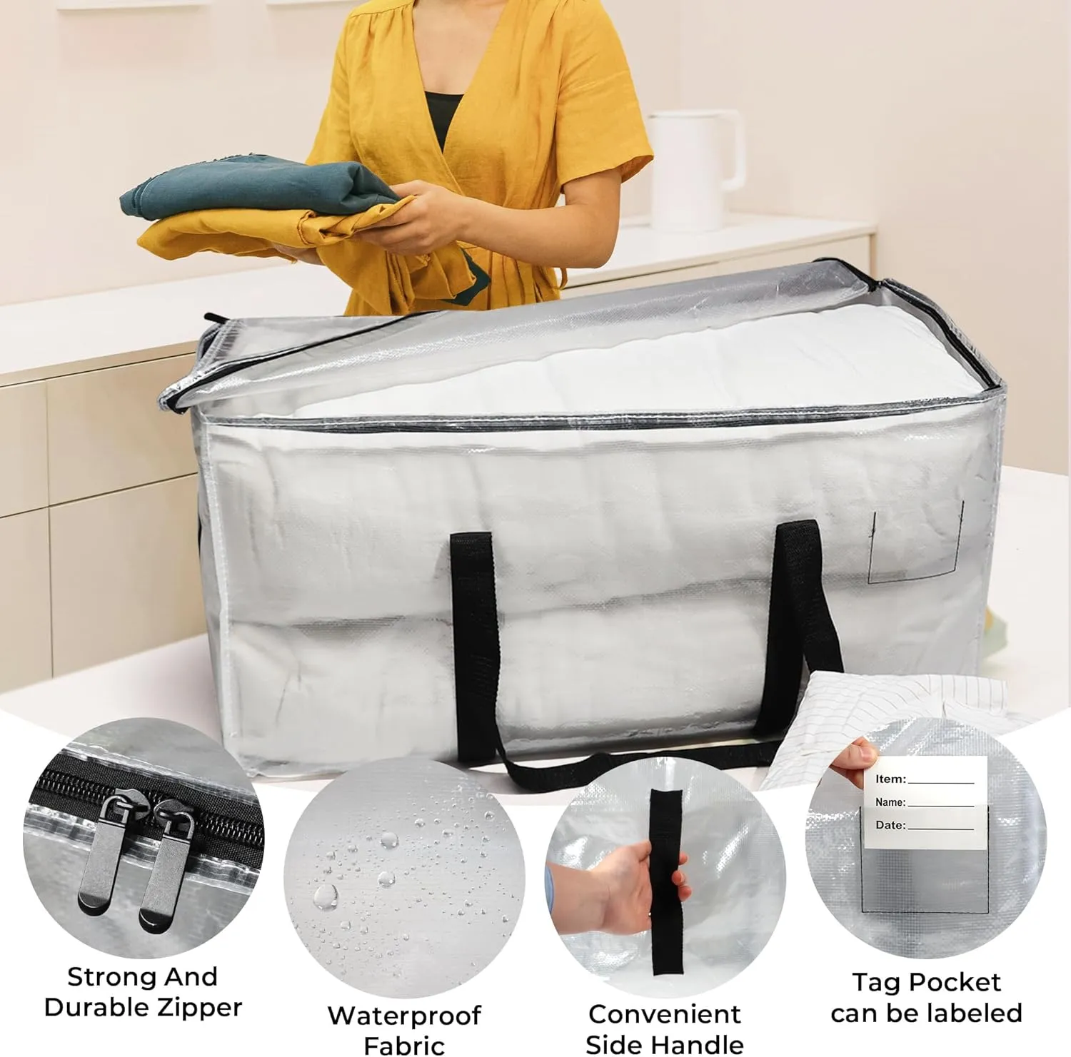 4 Pack Clear Moving Bags with Clear Window, Storage Bags with Full Wrap Carrying Handles & Zippers,Large Packing Bag for Saving Space, Alternative to Moving Boxes