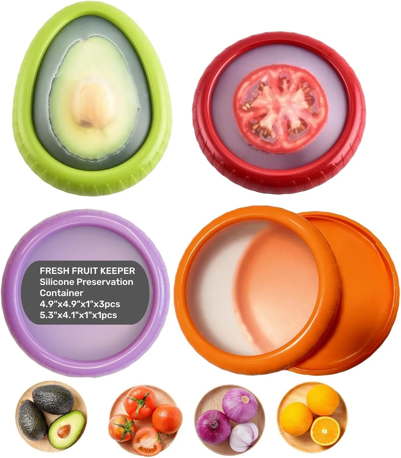 4 Pack Reusable Silicone Food Storage Containers - Avocado Saver & Onion Storage, BPA-Free, Fruit and Vegetable Anti-Oxidation Storage Box, Prevent Flavor Mixing, Fresh Pod for Fridge, Keep Fresh