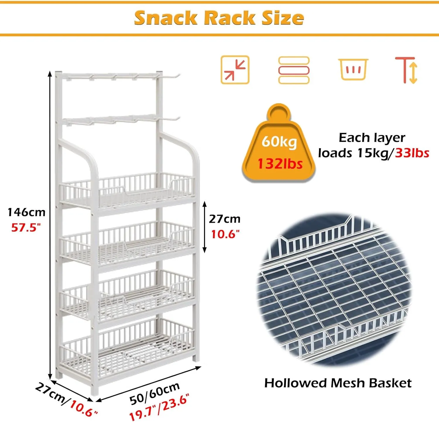 4-Tier Metal Retail Display Rack with Hooks - Supermarket Snack Shelf for Home, Kitchen & Pantry - 23.6in Chip Bag Holder with Guardrail - Ideal for Convenience Stores