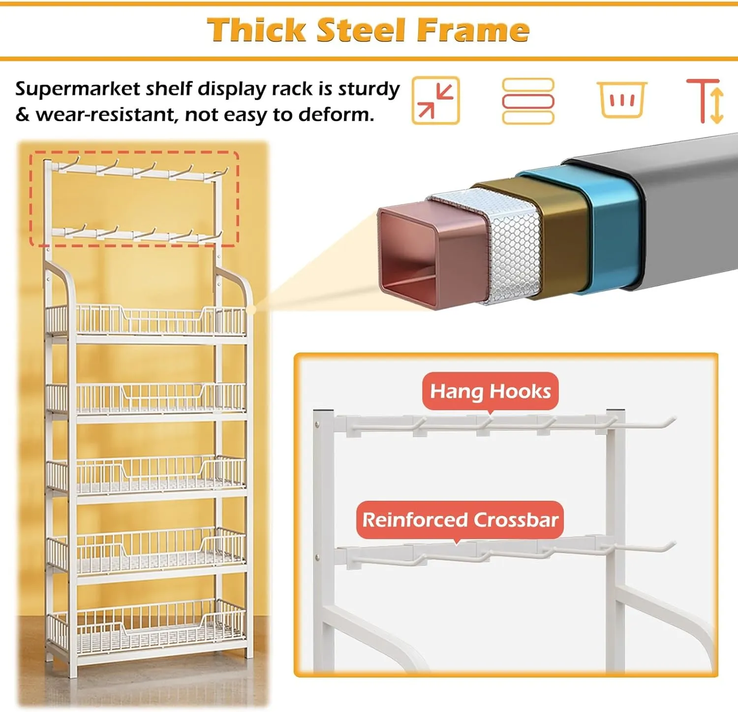 4-Tier Metal Retail Display Rack with Hooks - Supermarket Snack Shelf for Home, Kitchen & Pantry - 23.6in Chip Bag Holder with Guardrail - Ideal for Convenience Stores