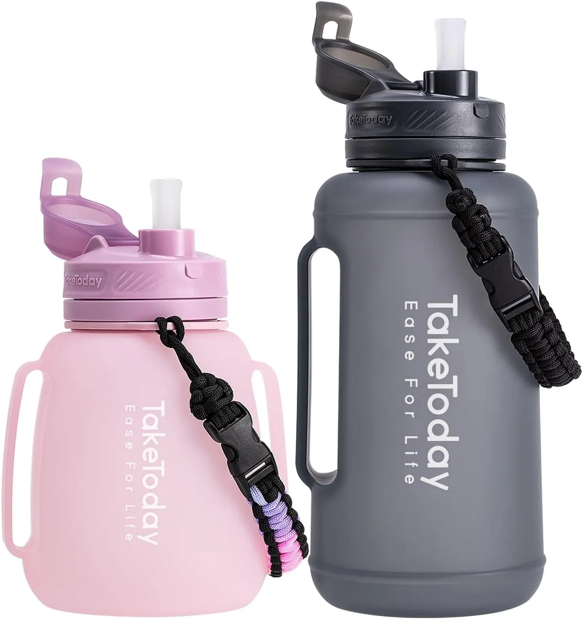 40 OZ and 68 OZ Motivational Collapsible Water Bottles, Leak Proof, BPA-Free, Foldable Gallon Silicone Water Jug with straw Time Marker Paracord Handle for Traveling