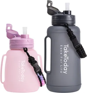 40 OZ and 68 OZ Motivational Collapsible Water Bottles, Leak Proof, BPA-Free, Foldable Gallon Silicone Water Jug with straw Time Marker Paracord Handle for Traveling