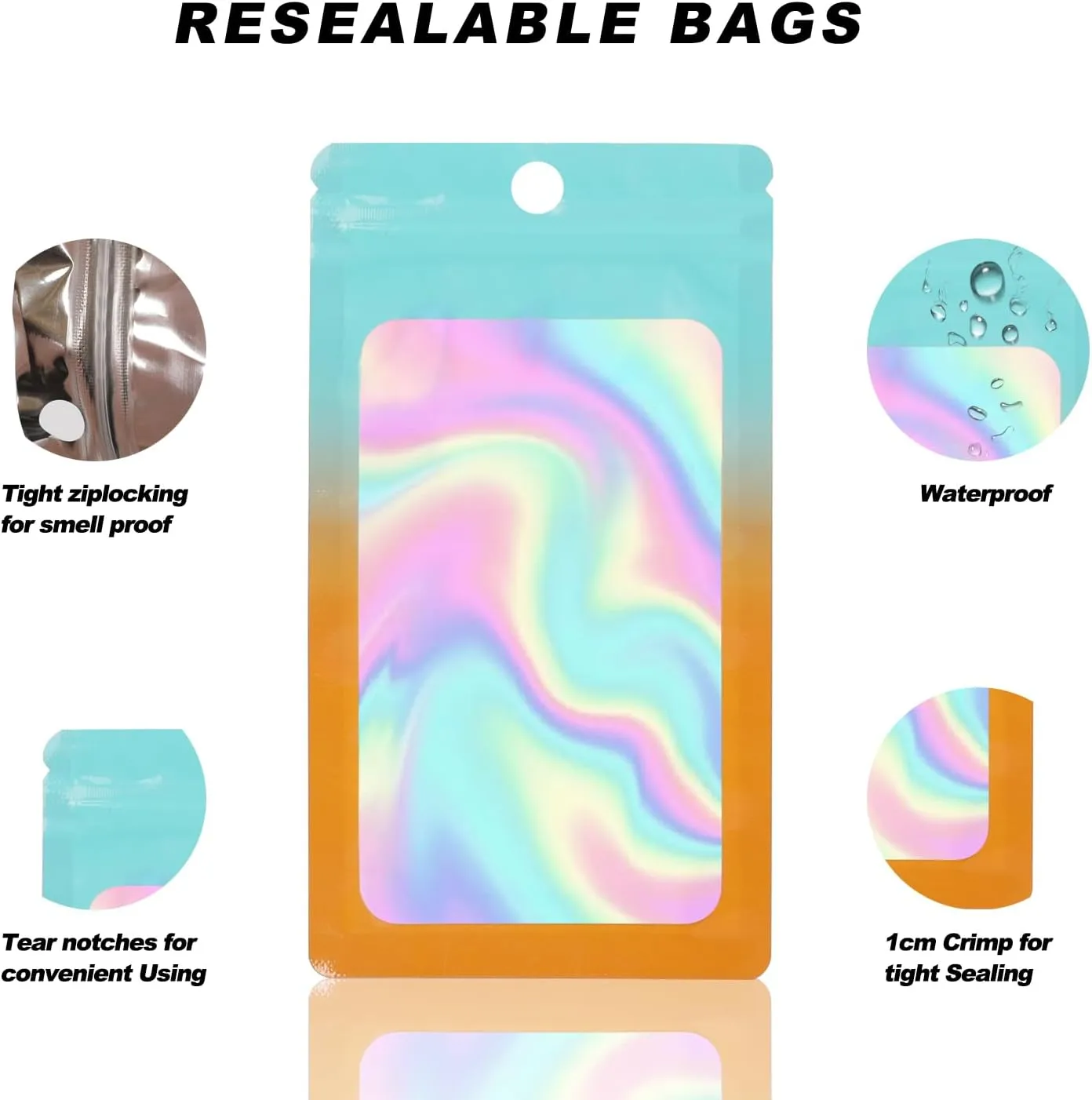 400 Pack 4 Size Bags with Clear Window,Scratch Resistant Hand Holographic Packaging Pouch,Resealable Bag for Small Bussiness Cookies Jewelry Candy Sample (Green Orange, 2.4×3.9,3x4.7,4×7,5.5×7.9 inch)