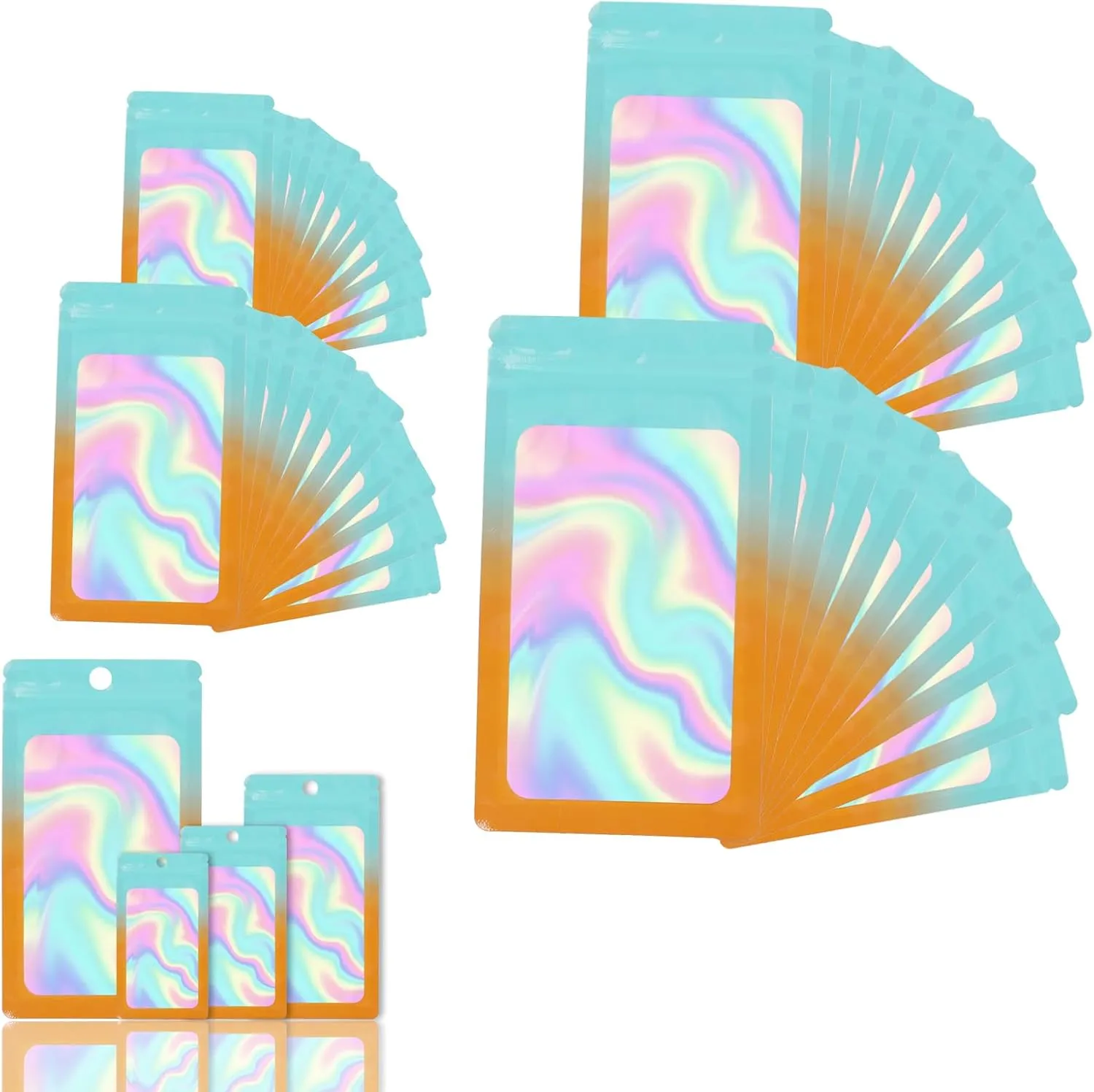 400 Pack 4 Size Bags with Clear Window,Scratch Resistant Hand Holographic Packaging Pouch,Resealable Bag for Small Bussiness Cookies Jewelry Candy Sample (Green Orange, 2.4×3.9,3x4.7,4×7,5.5×7.9 inch)
