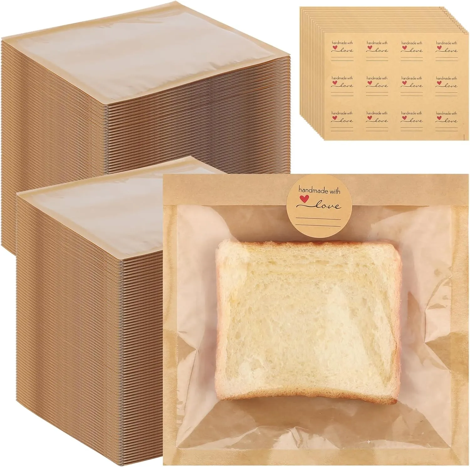 400Pcs Heat Sealable Bakery Bags with Window, 7.1x7.5 Inches Pastry Bags with Paper Stickers, Grease Resistant Kraft Cookie Bag for Donuts, Bakery Snacks, Sandwiches, Sandies