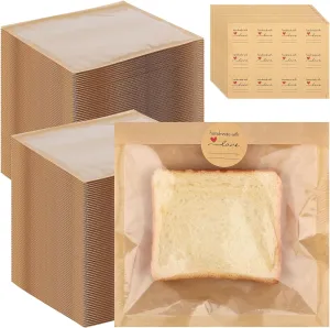 400Pcs Heat Sealable Bakery Bags with Window, 7.1x7.5 Inches Pastry Bags with Paper Stickers, Grease Resistant Kraft Cookie Bag for Donuts, Bakery Snacks, Sandwiches, Sandies