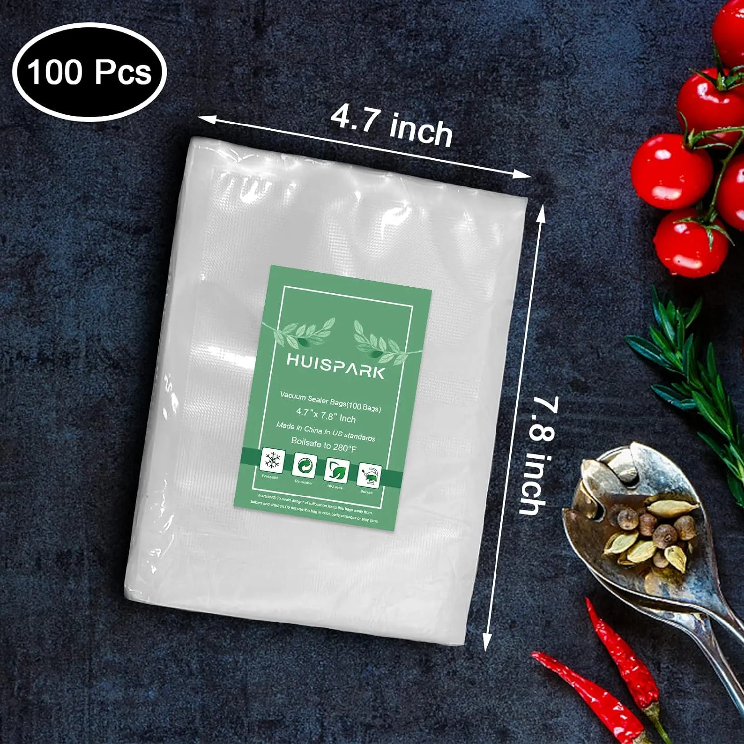4.7" x 7.8" Vacuum Sealer Bags,Heavy Duty Pre-Cut Design Commercial Grade Food Sealable Bag for Heat Seal Food Storage,Smell Proof Bags Boilsafe to 280°F Freezable, Resizable,Reuseable (100Pcs)