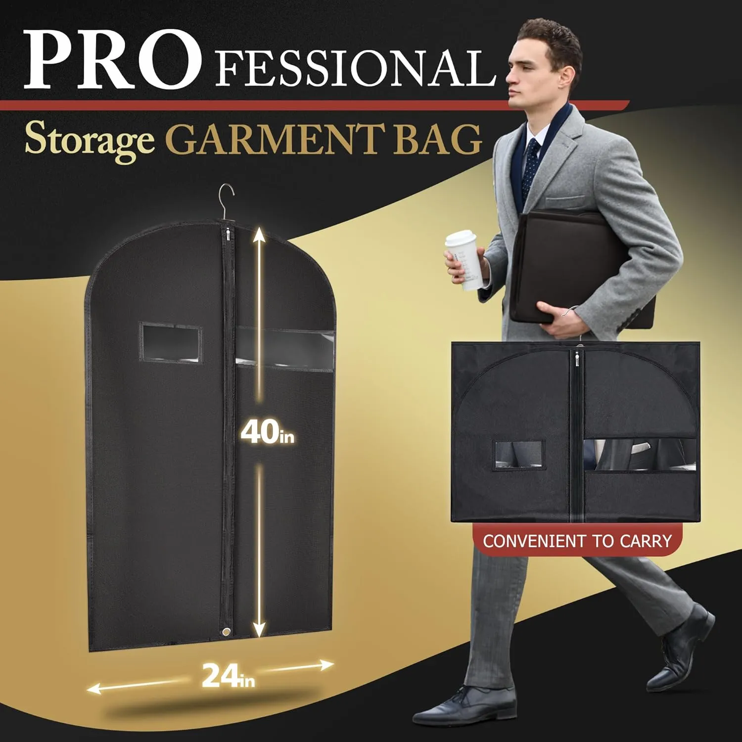 5 Pack 40-inch Suit Bag Garment Bag for Travel and Storage, Garment Bags for Hanging Clothes with Zipper and Visible Transparent Window, Black