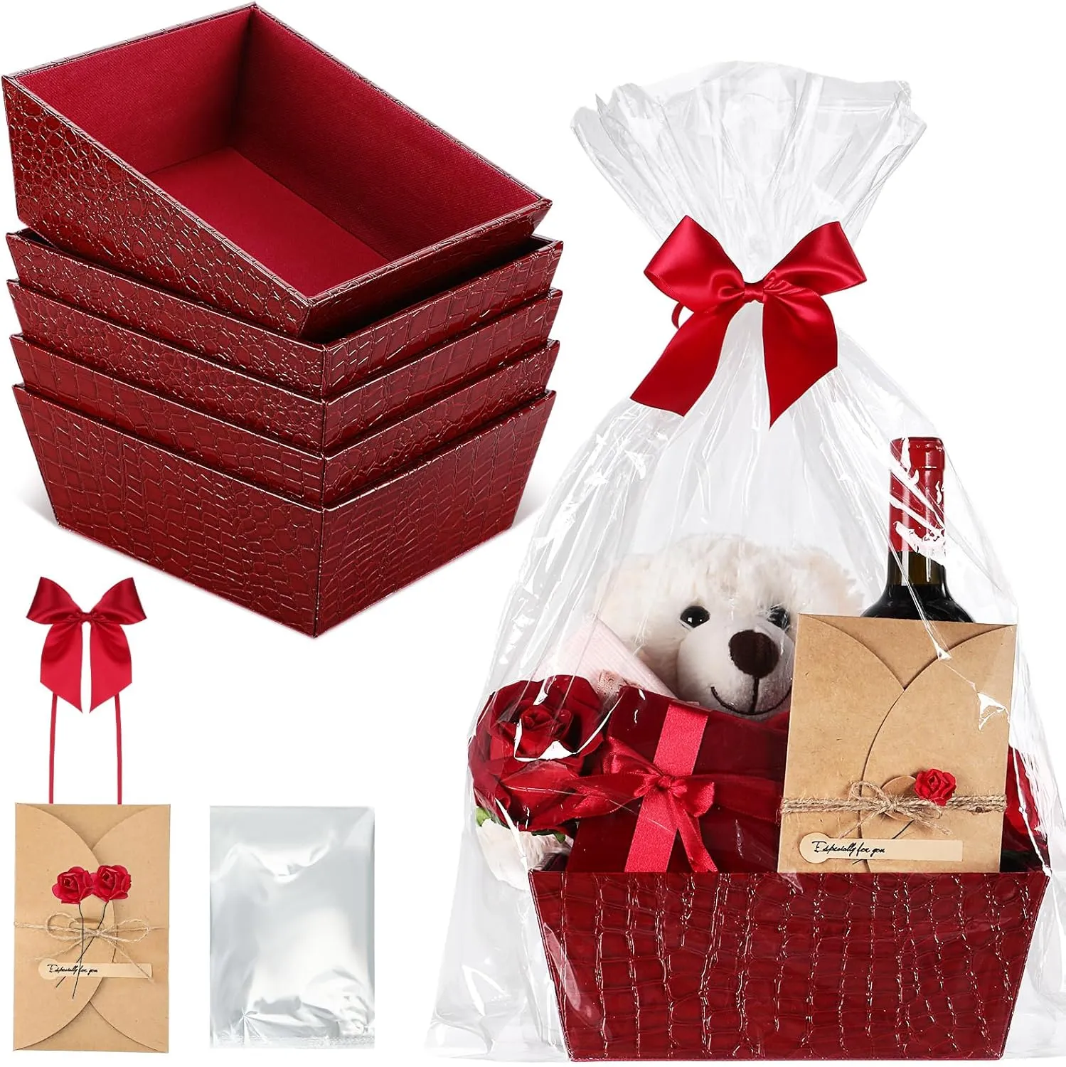 5 Set Leather Empty Gift Basket with Gift Bags Bow Ribbons Greeting Cards 9.8x8.3x3.5'' Empty Basket for Graduation Gifts Wedding Mother's Day Housewarming Gift Birthday Snack Storage Favors
