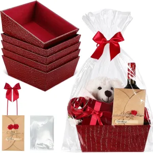 5 Set Leather Empty Gift Basket with Gift Bags Bow Ribbons Greeting Cards 9.8x8.3x3.5'' Empty Basket for Graduation Gifts Wedding Mother's Day Housewarming Gift Birthday Snack Storage Favors
