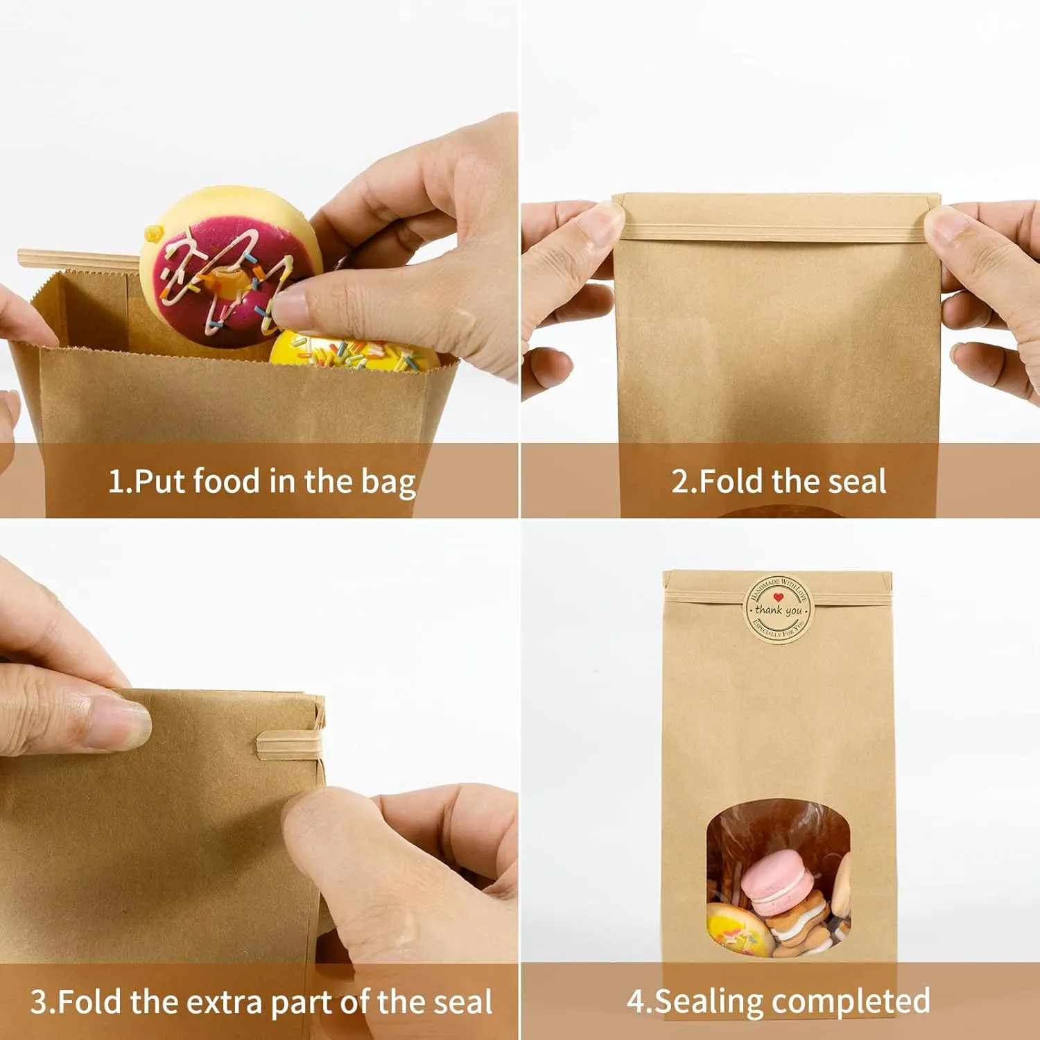 50 Kraft Paper Bags with Window - 4.5 x 2.56 x 9.6 Inch, Tin Tie Tab Lock Bags for Food Storage