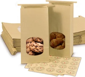 50 Kraft Paper Bags with Window - 4.5 x 2.56 x 9.6 Inch, Tin Tie Tab Lock Bags for Food Storage