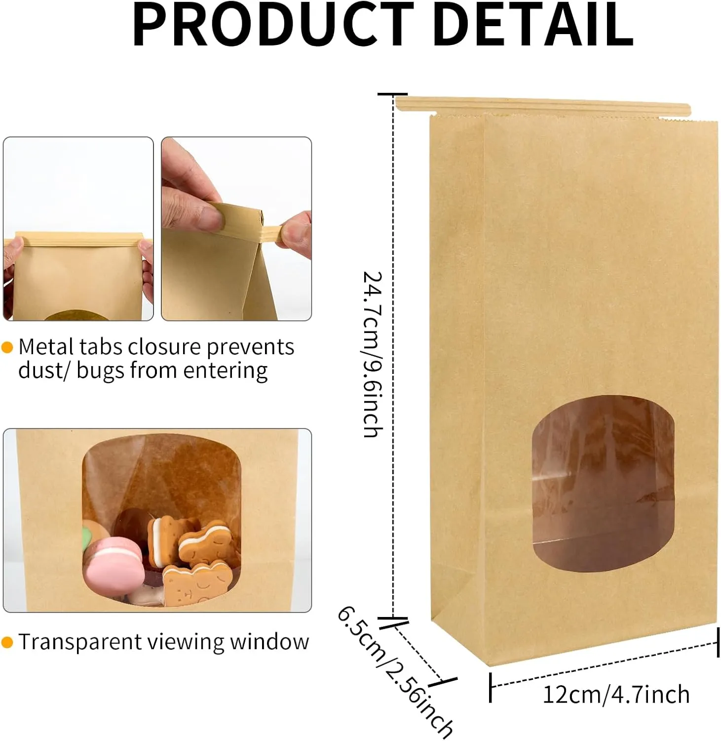 50 Kraft Paper Bags with Window - 4.5 x 2.56 x 9.6 Inch, Tin Tie Tab Lock Bags for Food Storage
