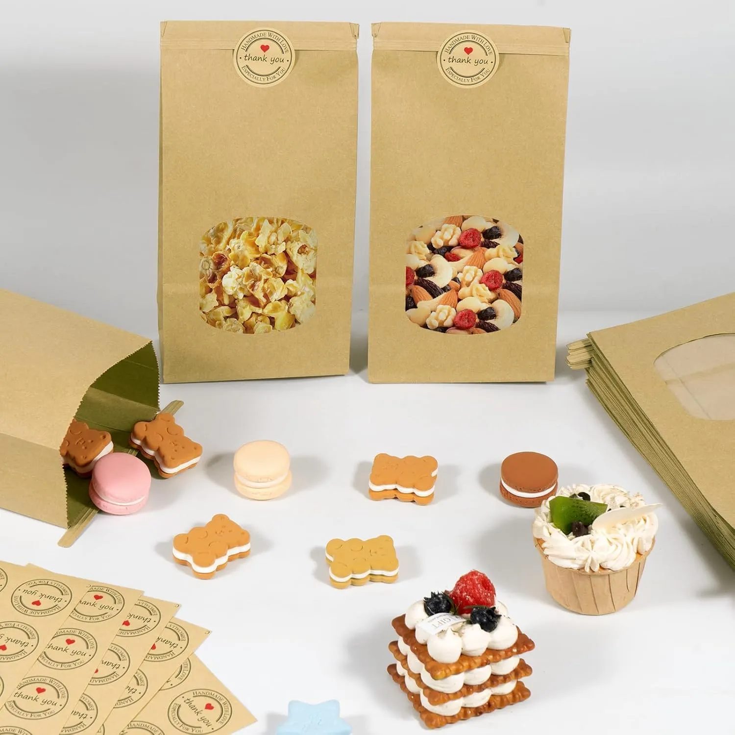 50 Kraft Paper Bags with Window - 4.5 x 2.56 x 9.6 Inch, Tin Tie Tab Lock Bags for Food Storage