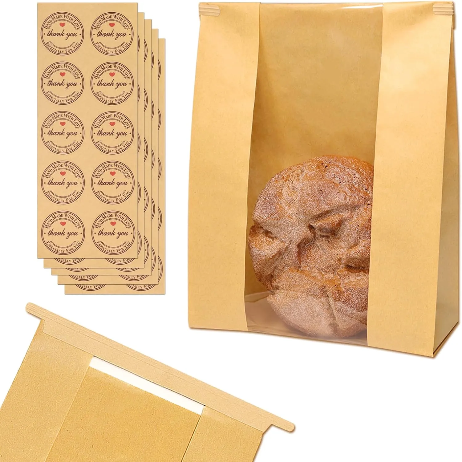 50 Pack Bread Bags for Homemade Bread with Tin Tie Tab Lock, Sourdough Paper Bread Bags, 13.7x8.2x3.7 In, Bakery Bags with Window, 50 Sealing Stickers