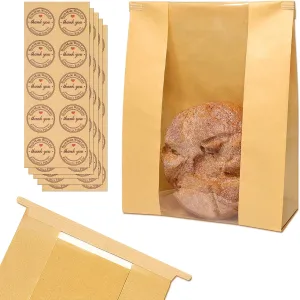 50 Pack Bread Bags for Homemade Bread with Tin Tie Tab Lock, Sourdough Paper Bread Bags, 13.7x8.2x3.7 In, Bakery Bags with Window, 50 Sealing Stickers