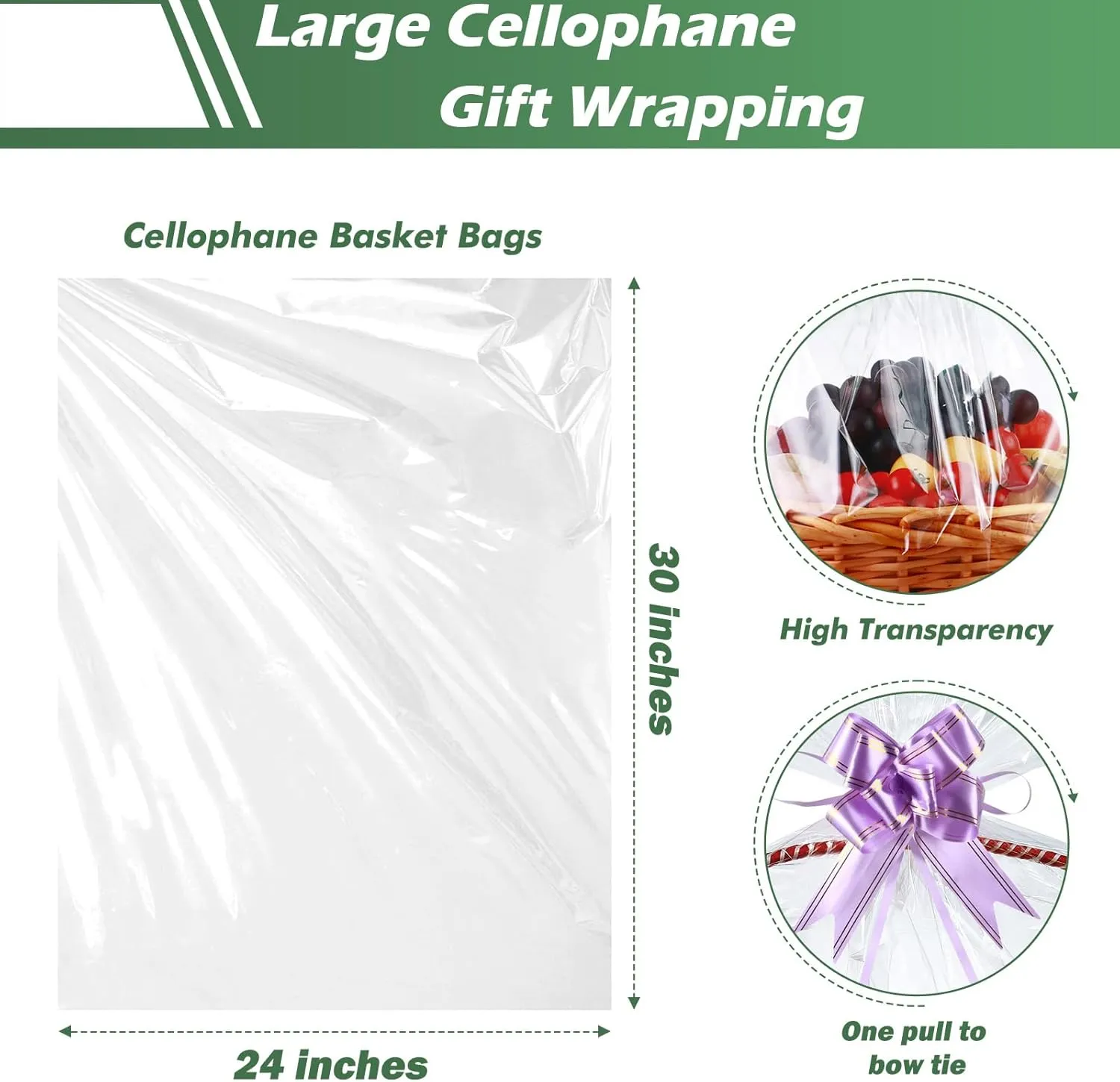 50 Packs Large Cellophane Bags 24" x 30" Clear Cellophane Gift Basket Wraps Extra-large 2.3 Mil Thick Clear Cello Bags for Fruit Basket, Gift Wrap, Treats, Arts and Crafts, 50ct Ribbon Bows