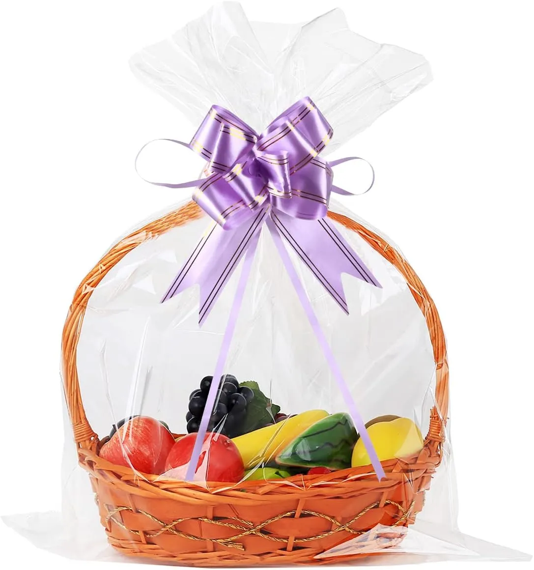 50 Packs Large Cellophane Bags 24" x 30" Clear Cellophane Gift Basket Wraps Extra-large 2.3 Mil Thick Clear Cello Bags for Fruit Basket, Gift Wrap, Treats, Arts and Crafts, 50ct Ribbon Bows
