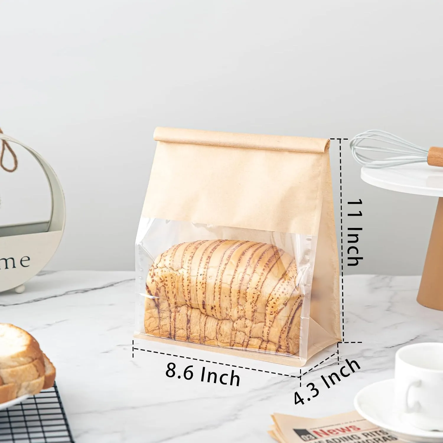 50 Pcs 8.6 Inch Bread Bags with Tin Tie, Large Loaf Bags Made Of Brown Cotton Paper, Storage Packing Bag with Clear Window for Bakery, Cafe, Homemade Bread