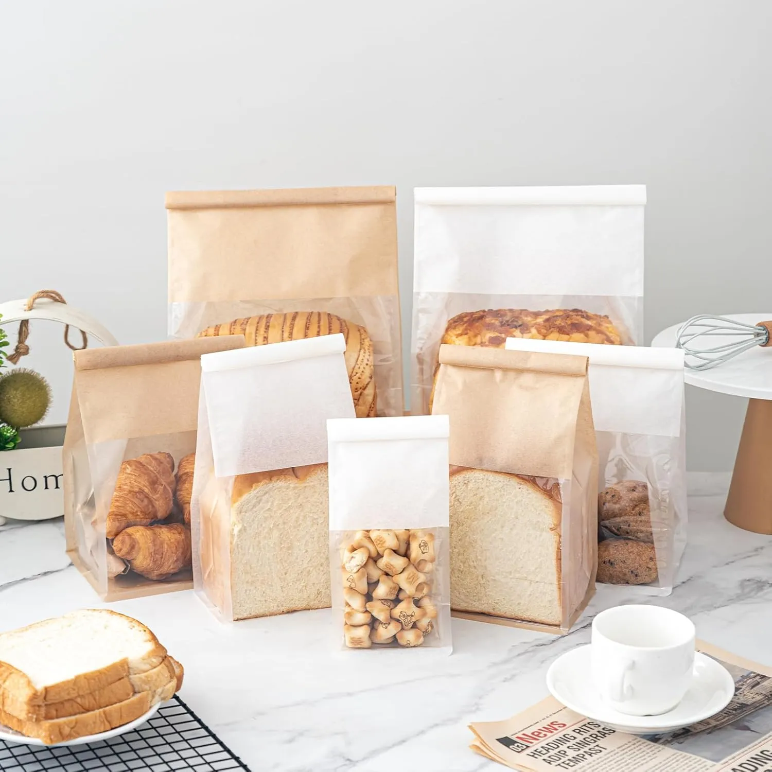 50 Pcs 8.6 Inch Bread Bags with Tin Tie, Large Loaf Bags Made Of Brown Cotton Paper, Storage Packing Bag with Clear Window for Bakery, Cafe, Homemade Bread