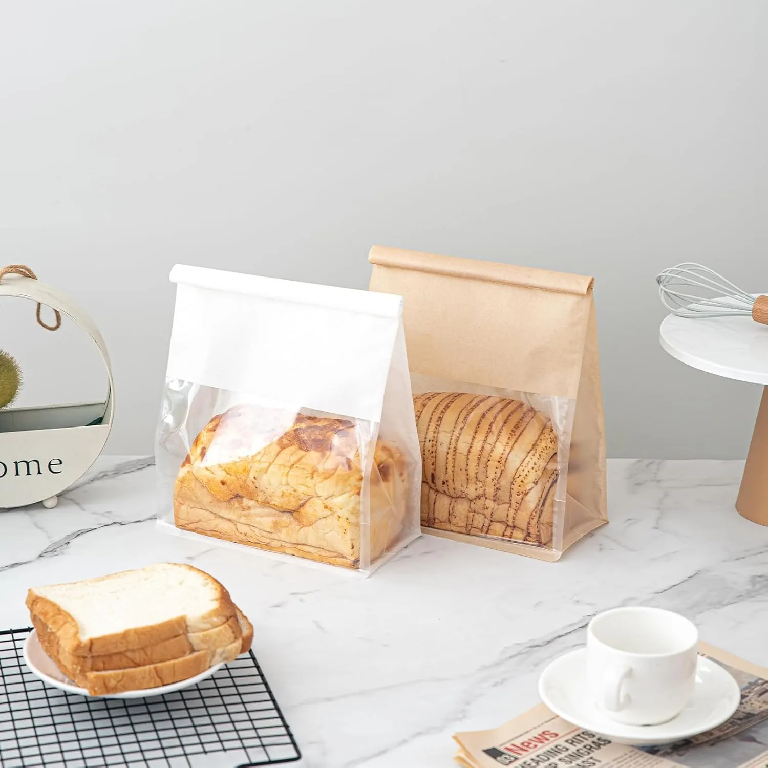 50 Pcs 8.6 Inch Bread Bags with Tin Tie, Large Loaf Bags Made Of Brown Cotton Paper, Storage Packing Bag with Clear Window for Bakery, Cafe, Homemade Bread