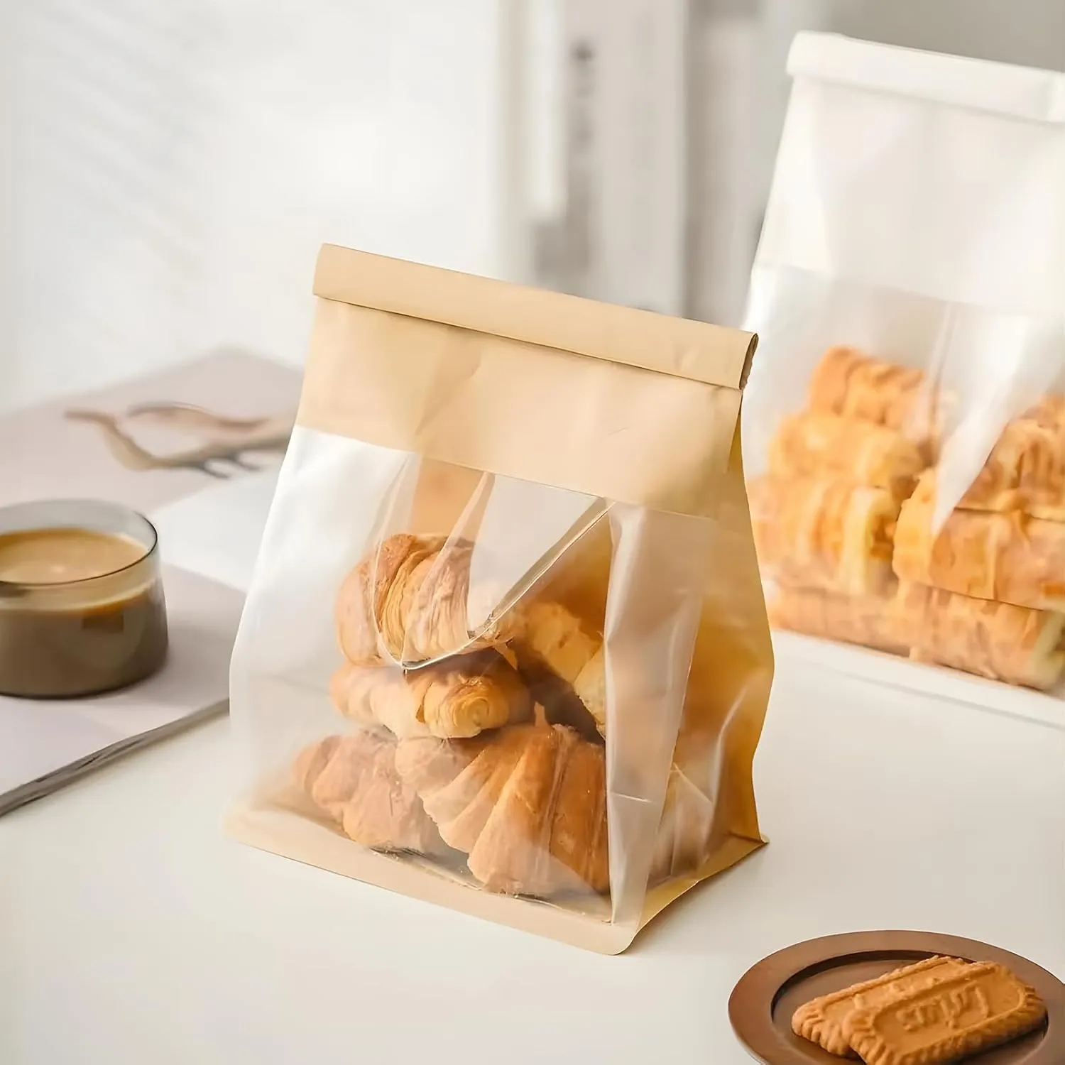 50 Pcs 8.6 Inch Bread Bags with Tin Tie, Large Loaf Bags Made Of Brown Cotton Paper, Storage Packing Bag with Clear Window for Bakery, Cafe, Homemade Bread