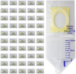 50 Pcs Pediatric Urine Bag Collectors, Clear Urine Catcher Pouch Adhesive Surface, 100ml Spill Proof Infant Urine Collection Bags - Ideal Disposable Pediatric Urine Collectors