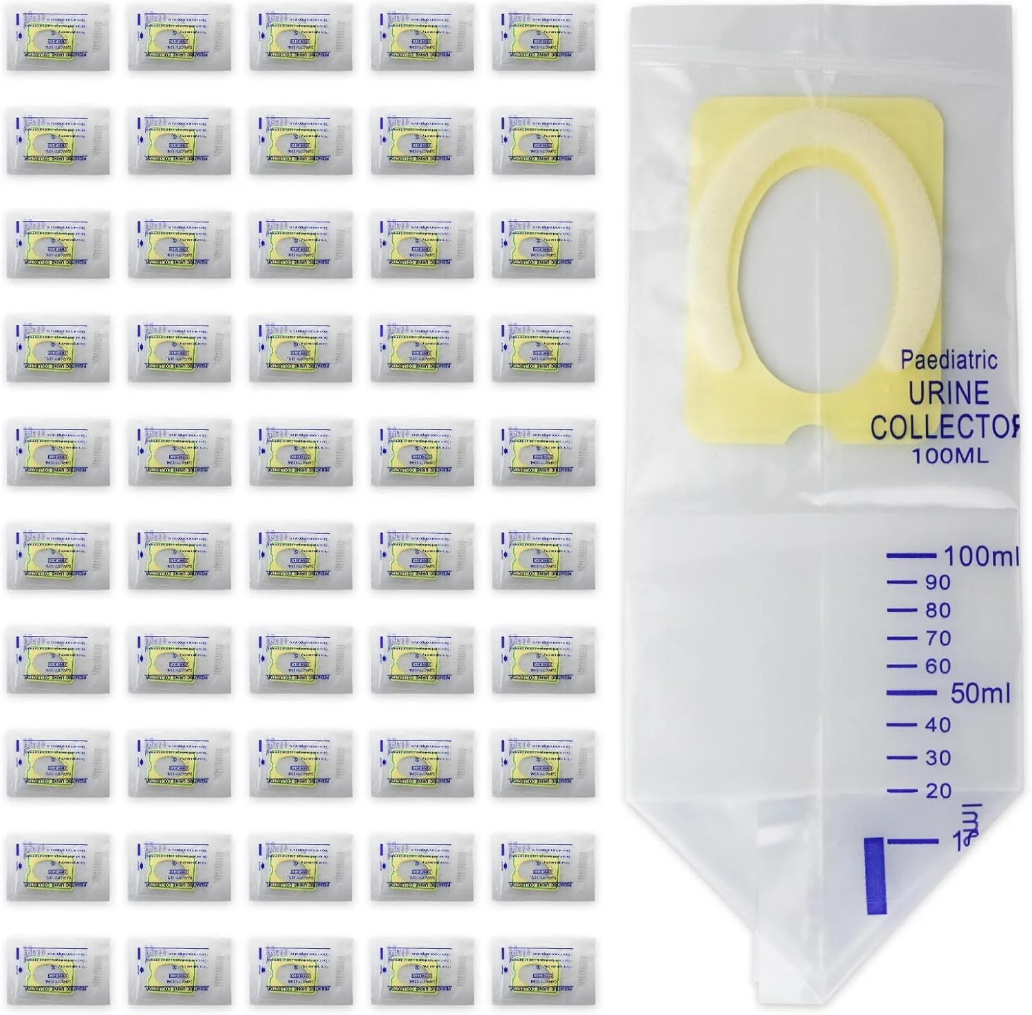 50 Pcs Pediatric Urine Bag Collectors, Clear Urine Catcher Pouch Adhesive Surface, 100ml Spill Proof Infant Urine Collection Bags - Ideal Disposable Pediatric Urine Collectors