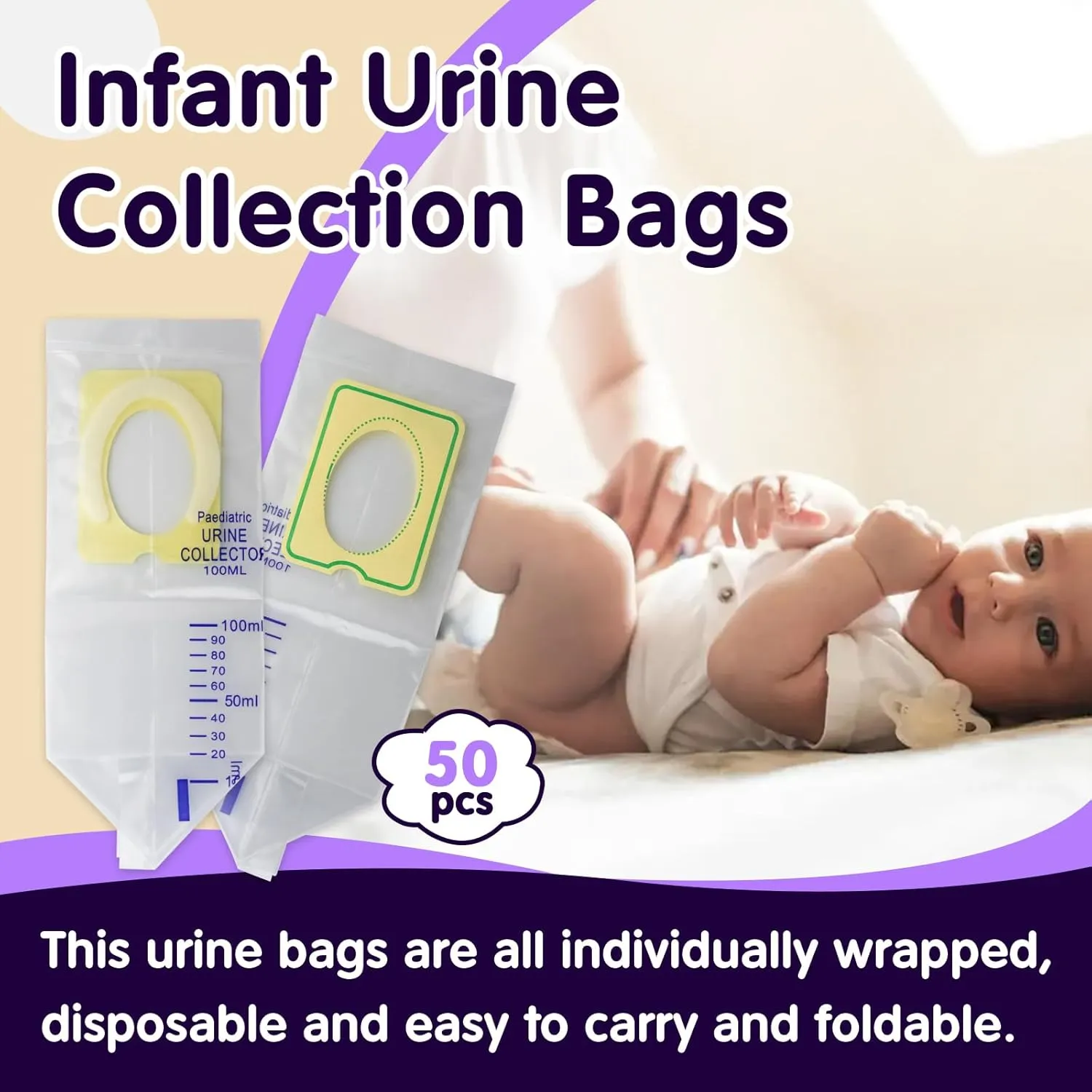 50 Pcs Pediatric Urine Bag Collectors, Clear Urine Catcher Pouch Adhesive Surface, 100ml Spill Proof Infant Urine Collection Bags - Ideal Disposable Pediatric Urine Collectors