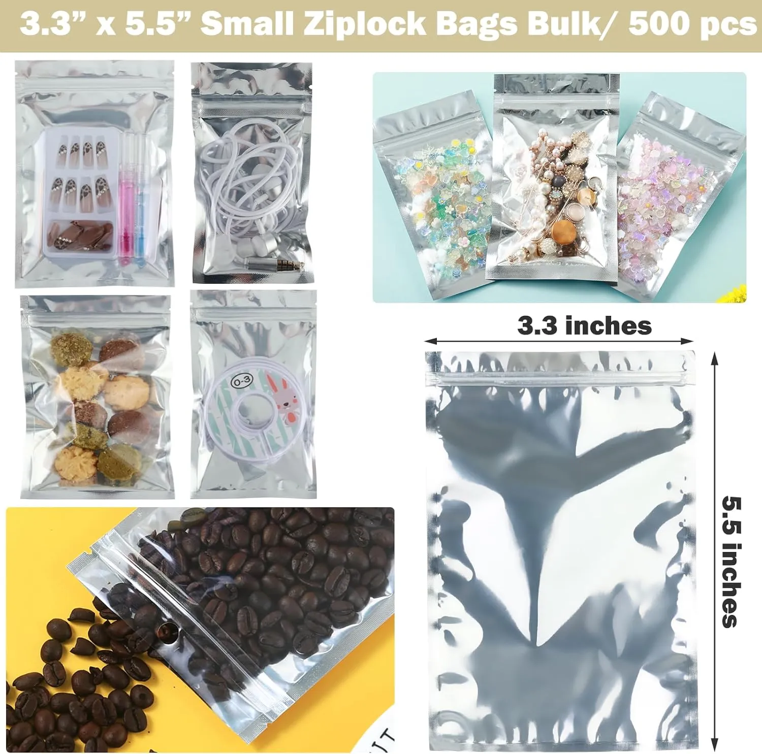 500-Pack Reclosable Small Mylar Bags for Food Storage 3.3" x 5.5" Ziplock Pouch Bags Bulk Resealable Smell Proof Aluminum Silver Foil Bag with Clear Window Kitchen Storage Organizer Edible Packaging