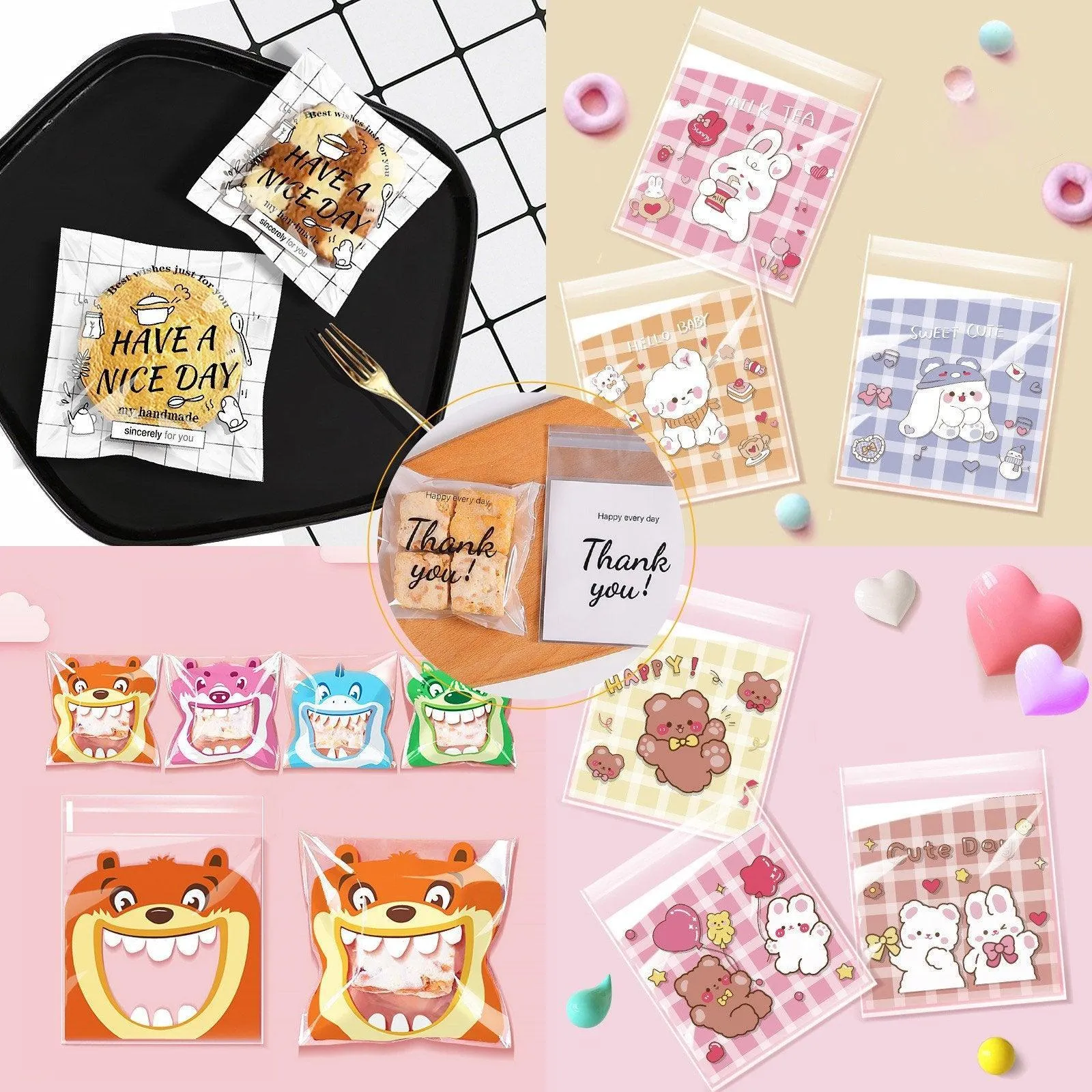 500 Pack Self Adhesive Cookie Packaging Bags Vibrant Designs OPP Material