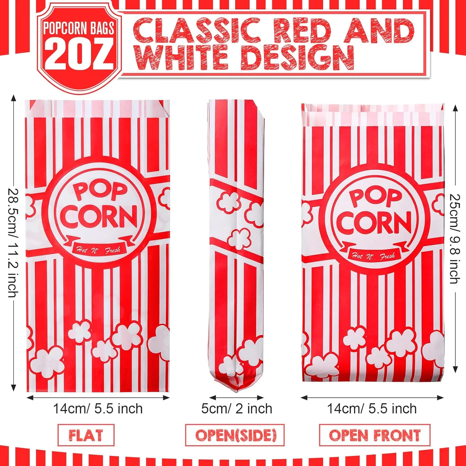 500 Pcs Popcorn Bags 2 Oz Bulk Popcorn Holders Grease Tear Resistant Disposable Treat Bags for Carnival Movie Night Birthday Party Favors Home Business Supply