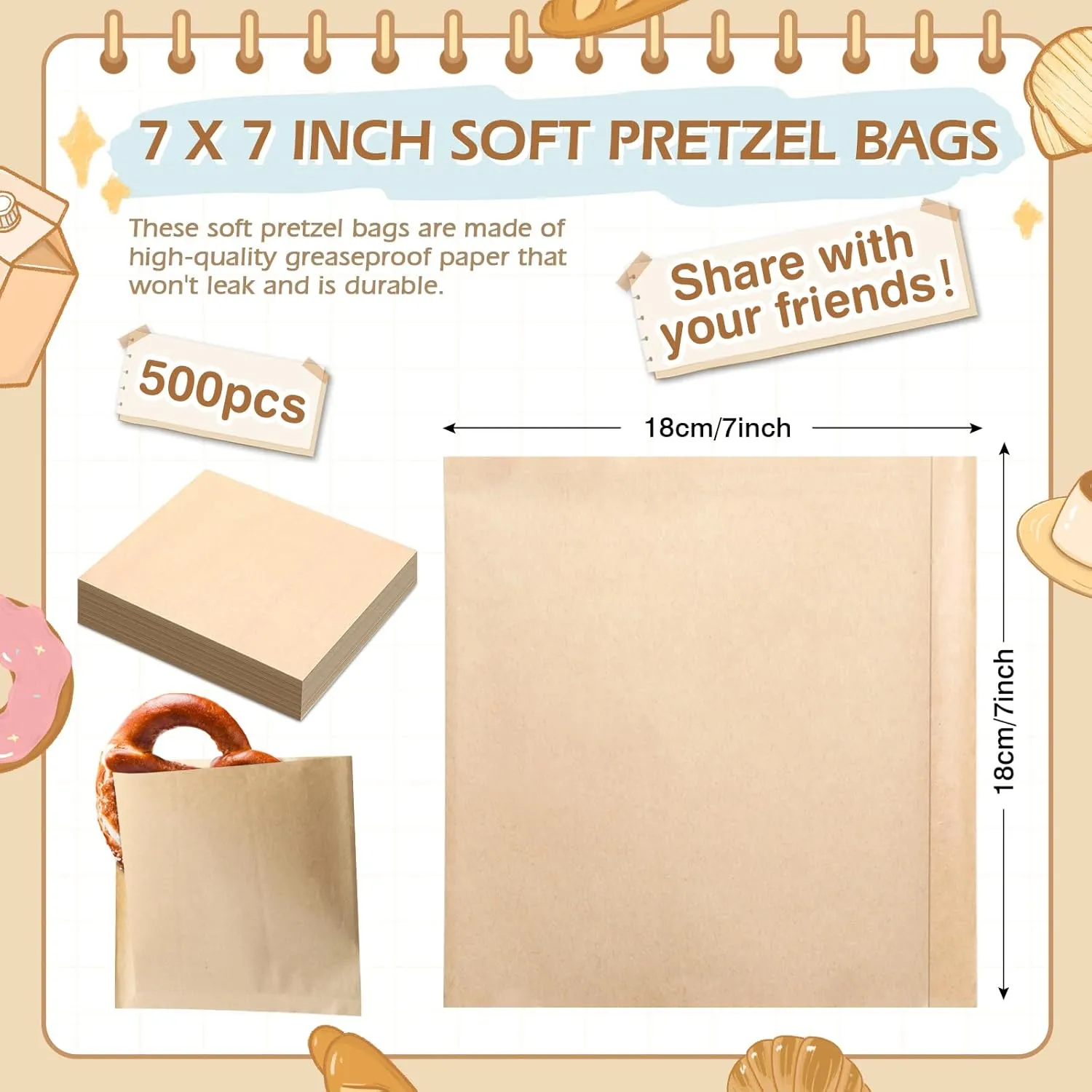 500 Pcs Pretzel Bags 7” x 7” Soft Pretzel Bags Pretzels Individual Bags Pretzel Bags Deli for Stands Double Open Snack Bags for Food Snack Cookie Pretzel Packaging(500, 7 * 7inch)