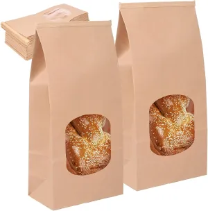 50Pcs Paper Bread Loaf Bag, Bakery Bags with Front Window, Bread Storage Bags Kraft Paper Bread Bags, Heat-Sealable for Home or Business, Lock Bags, Coffee Bags, Treat Bags, Popcorn Bags