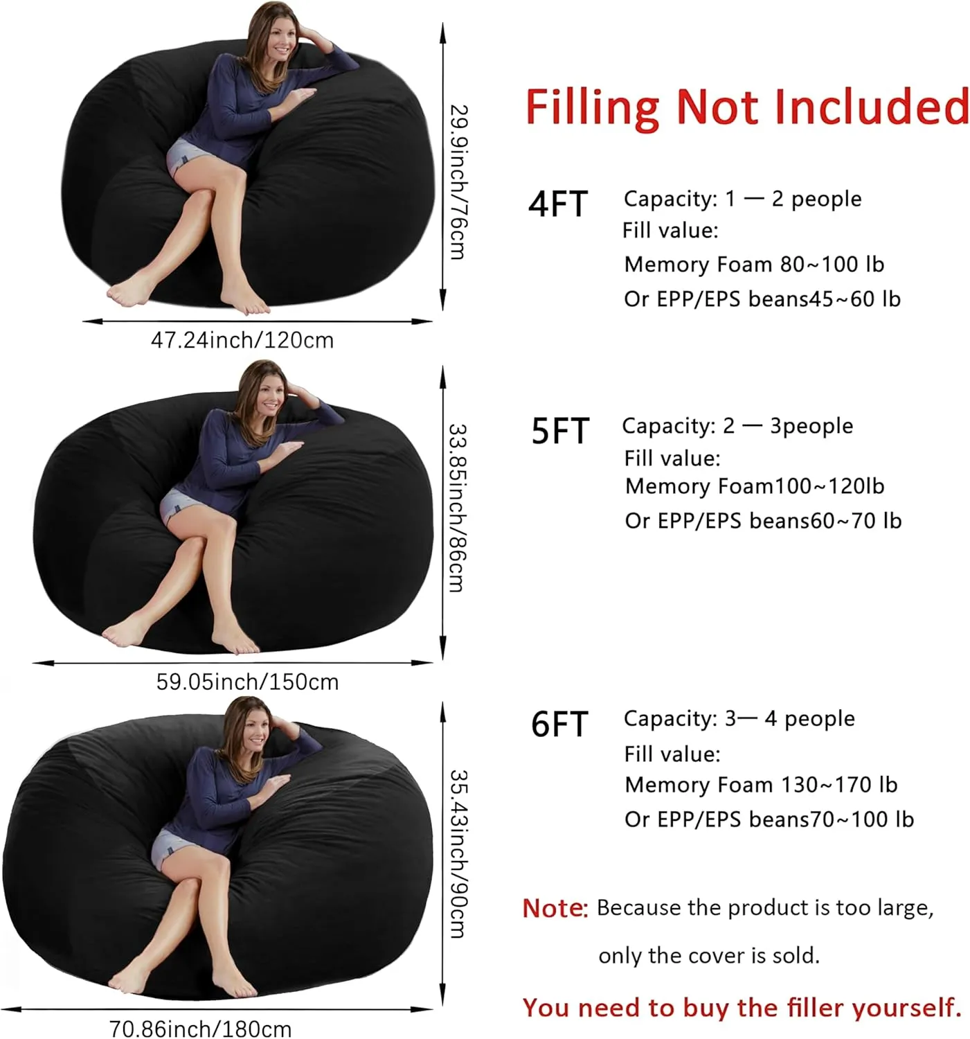 5FT Large Bean Bag Chair Cover - Soft Fluffy Dutch Velvet Bean Bag Bed (No Filling, Cover Only), Comfy 5FT Bean Bag Cover, Oversized Lazy Sofa Cover