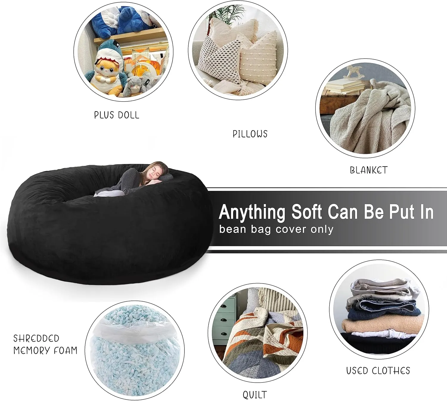 5FT Large Bean Bag Chair Cover - Soft Fluffy Dutch Velvet Bean Bag Bed (No Filling, Cover Only), Comfy 5FT Bean Bag Cover, Oversized Lazy Sofa Cover