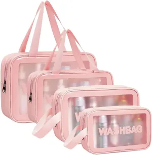 5PCS Clear Toiletry Bags, Wash Bag, Clear PU Makeup Bag, Waterproof Toiletry Travel Bag with Zipper Handle, Portable Airport Cosmetic Bag for Travel Bathroom Men Women (Pink)