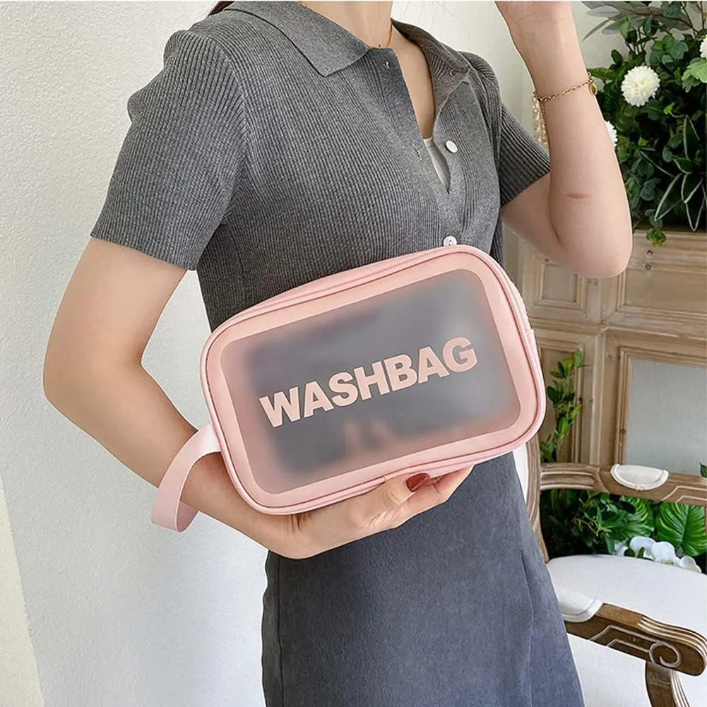 5PCS Clear Toiletry Bags, Wash Bag, Clear PU Makeup Bag, Waterproof Toiletry Travel Bag with Zipper Handle, Portable Airport Cosmetic Bag for Travel Bathroom Men Women (Pink)
