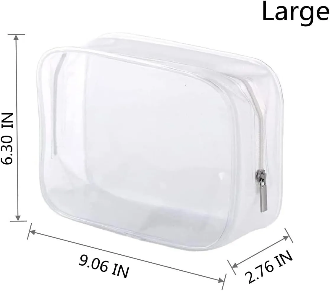 6 Pack Clear Toiletry Carry Pouch with Zipper Portable Plastic Waterproof Cosmetic Bag TSA Approved for Vacation Travel Bathroom and Organizing (White, Large)