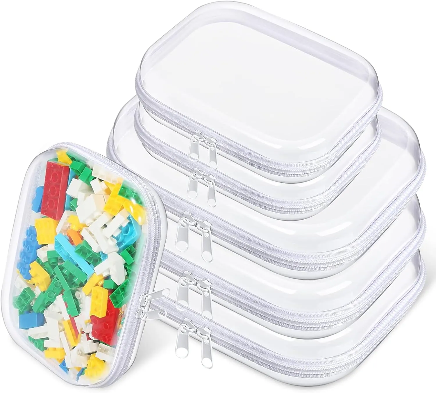 6 Pcs Clear Hard Zipper Case Hard-Sided Premium Storage Case Plastic Clear Hard Shell Zipper Pouch Portable Travel Organizer Box for Building Blocks Puzzles Cosmetics Makeup Pencil (White)